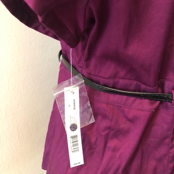 Cotton Plum V-Neck Collar w Belt Short Sleeve Blouse - Picture 6 of 9